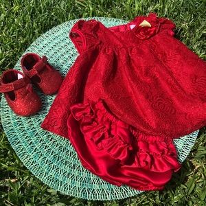 Dress & sparkly red shoes